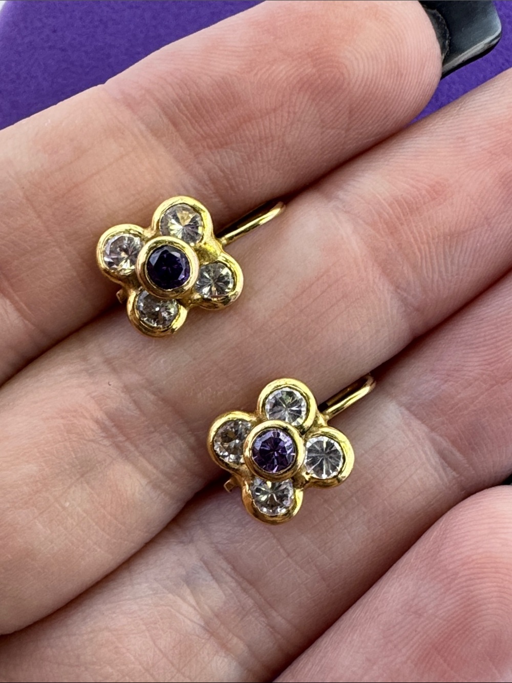 💛 Vintage 10k Gold Purple & White Flower Drop Earrings | Nature Lover